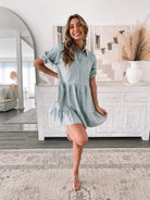 Women's light blue cotton dress with cuffed long sleeves by Esther & Co
