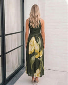 Sandrine Dress in Olive Floral olive floral maxi dress with ruched bodice and high neckline side view