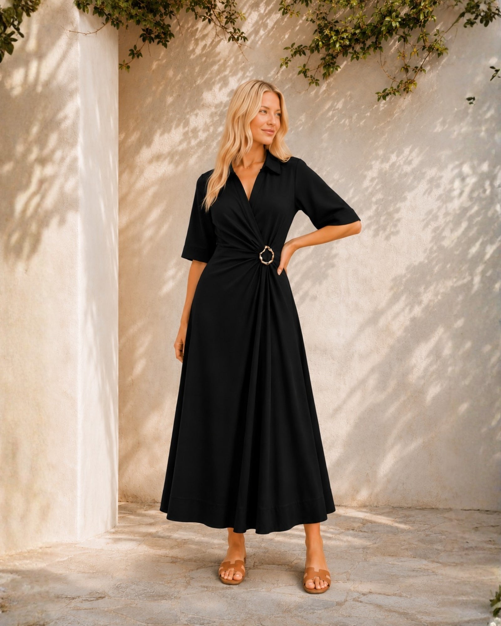 Women's black v-neck wrap dress with collar, the Sephora Dress in Black by Esther & Co