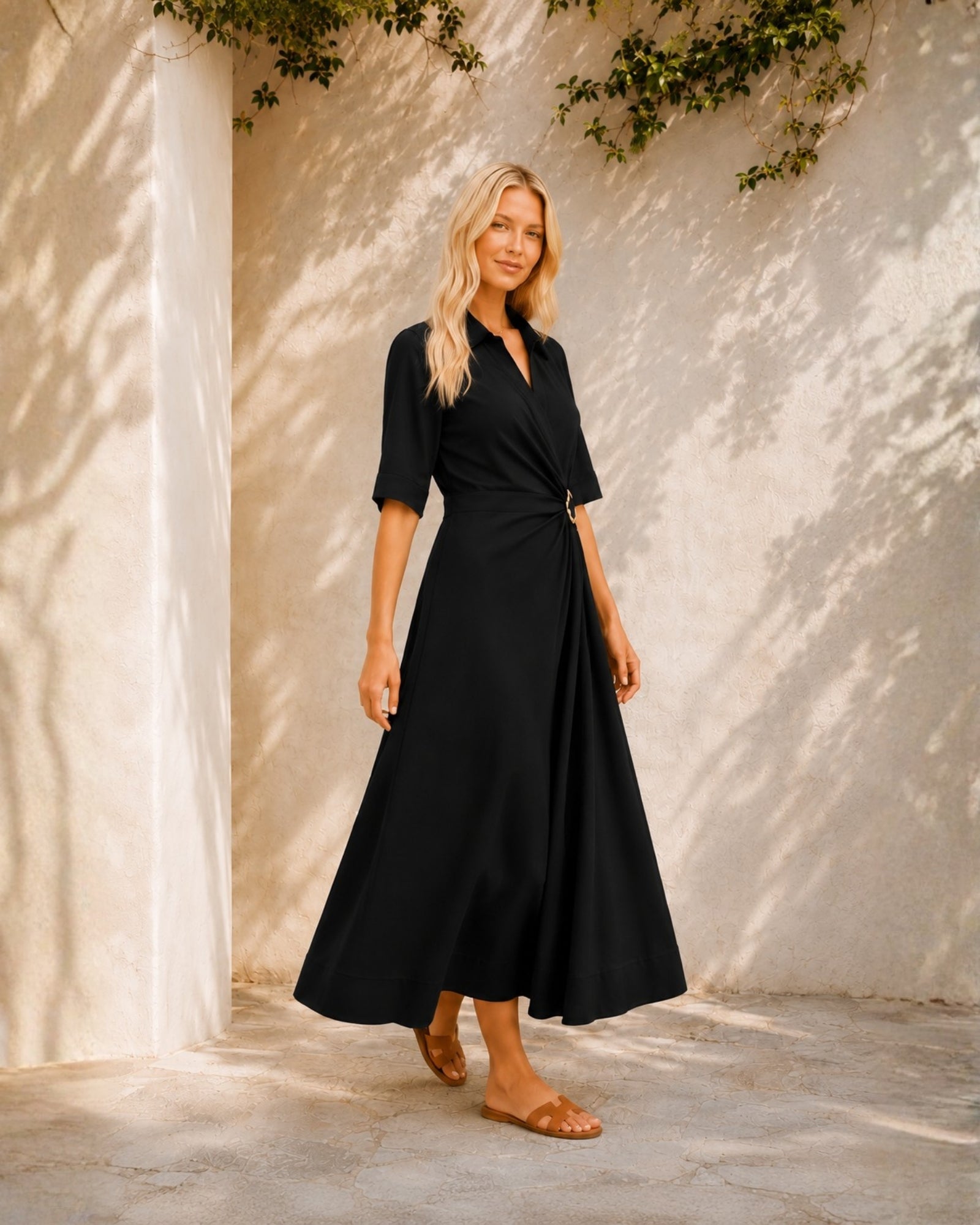 Women's black v-neck wrap dress with collar, the Sephora Dress in Black by Esther & Co