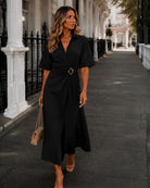 Women's black v-neck wrap dress with collar, the Sephora Dress in Black by Esther & Co