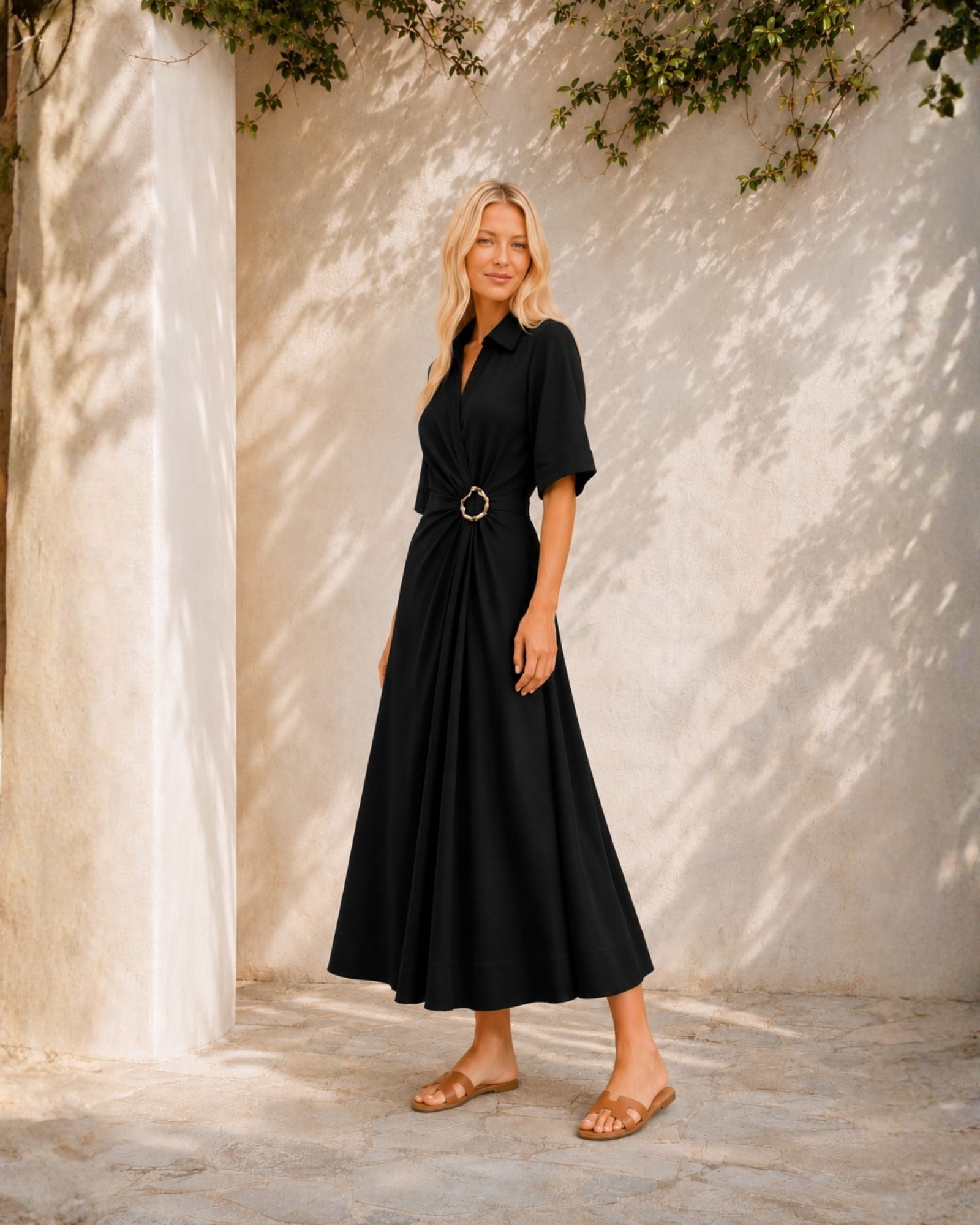 Women's black short sleeve wrap dress with A-line skirt, the Sephora Dress in Black by Esther & Co