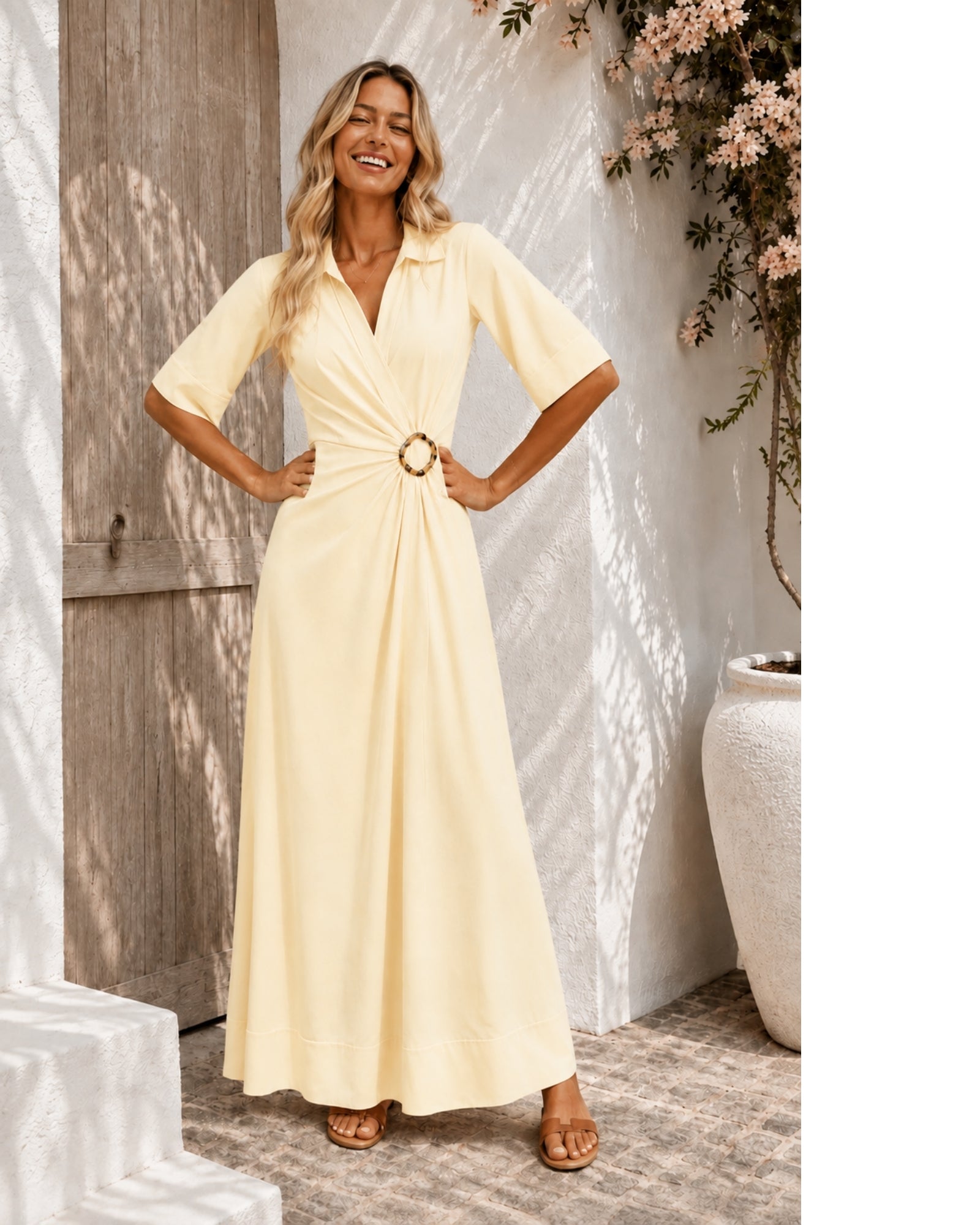 Women's pastel yellow v-neck wrap dress with tortoiseshell ring detail, the Sephora Dress in Buttercream by Esther & Co