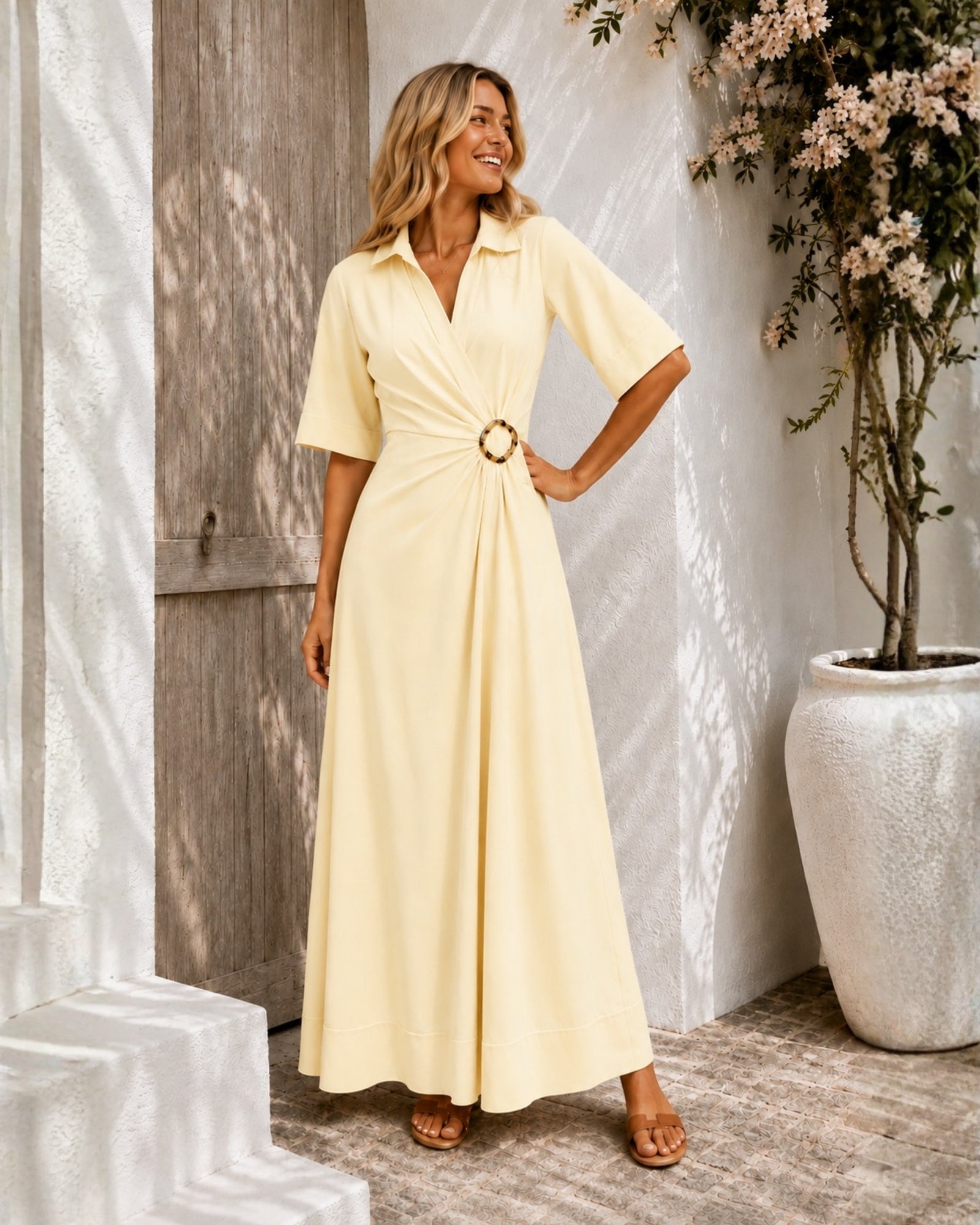 Women's pastel yellow v-neck wrap dress with collar, the Sephora Dress in Buttercream by Esther & Co