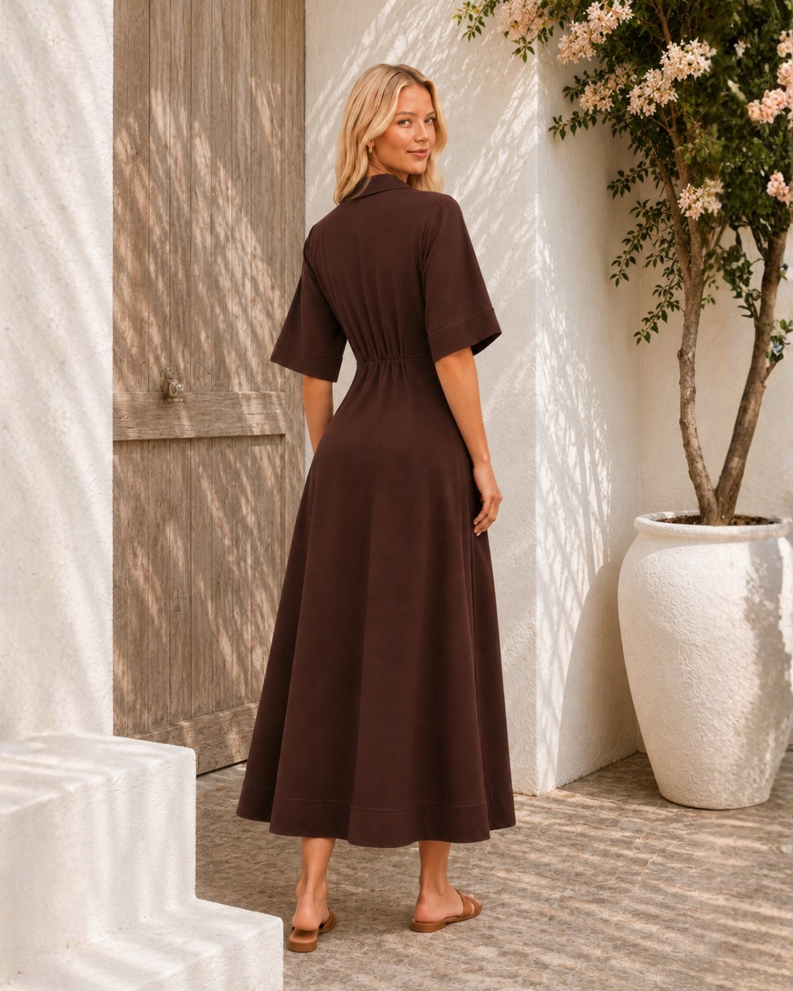 Women's chocolate brown v-neck wrap dress with collar, the Sephora Dress in Choco by Esther & Co
