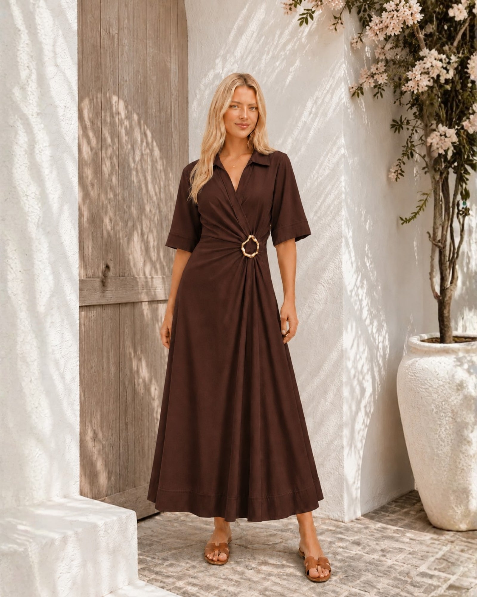 Women's chocolate brown v-neck wrap dress with collar, the Sephora Dress in Choco by Esther & Co