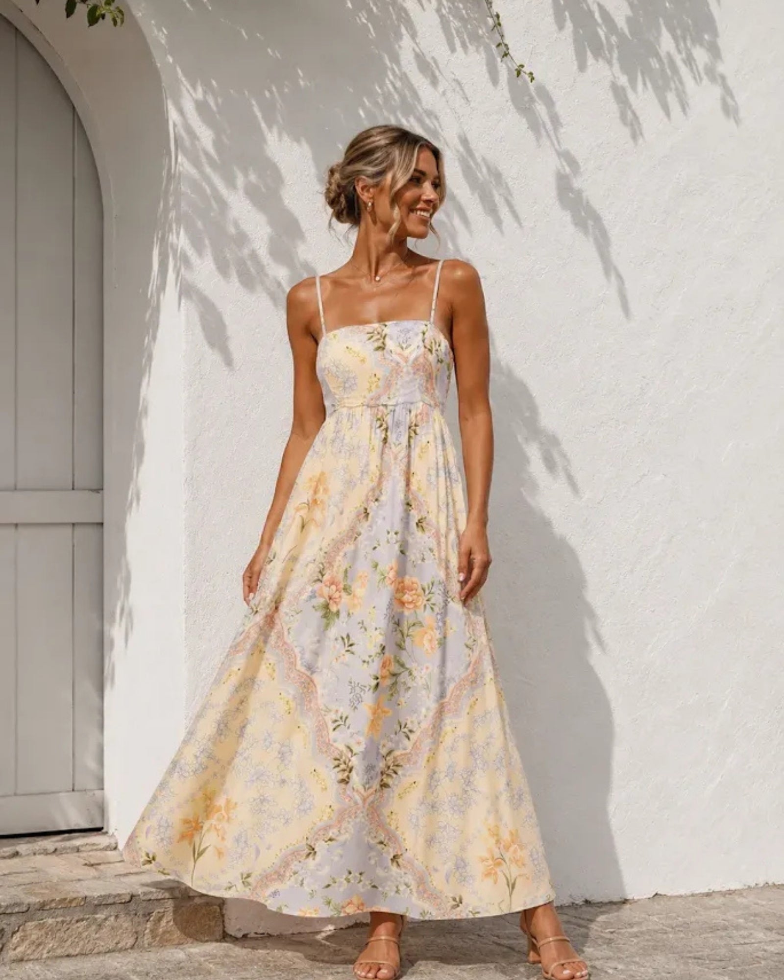 Women's printed square neck maxi dress, the Seraphine Dress in Summer Daydream by Esther & Co