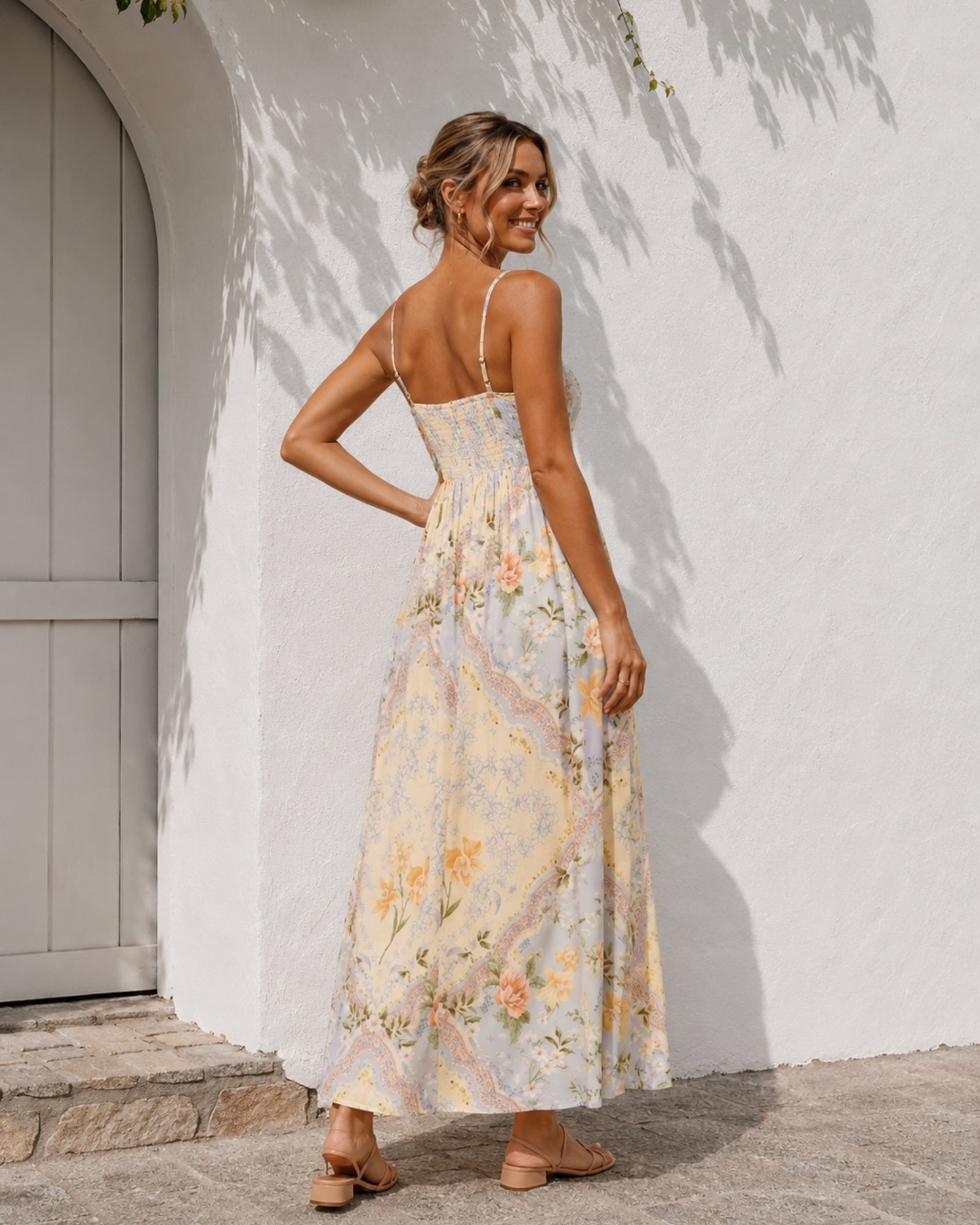 Women's printed maxi dress with square neckline styled outfit by Esther & Co