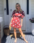 Women's wine polka dot puff sleeve mini dress, the Shahnaz Wine Spot Dress by Esther & Co