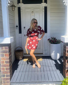 Women's wine polka dot mini dress styled outfit by Esther & Co