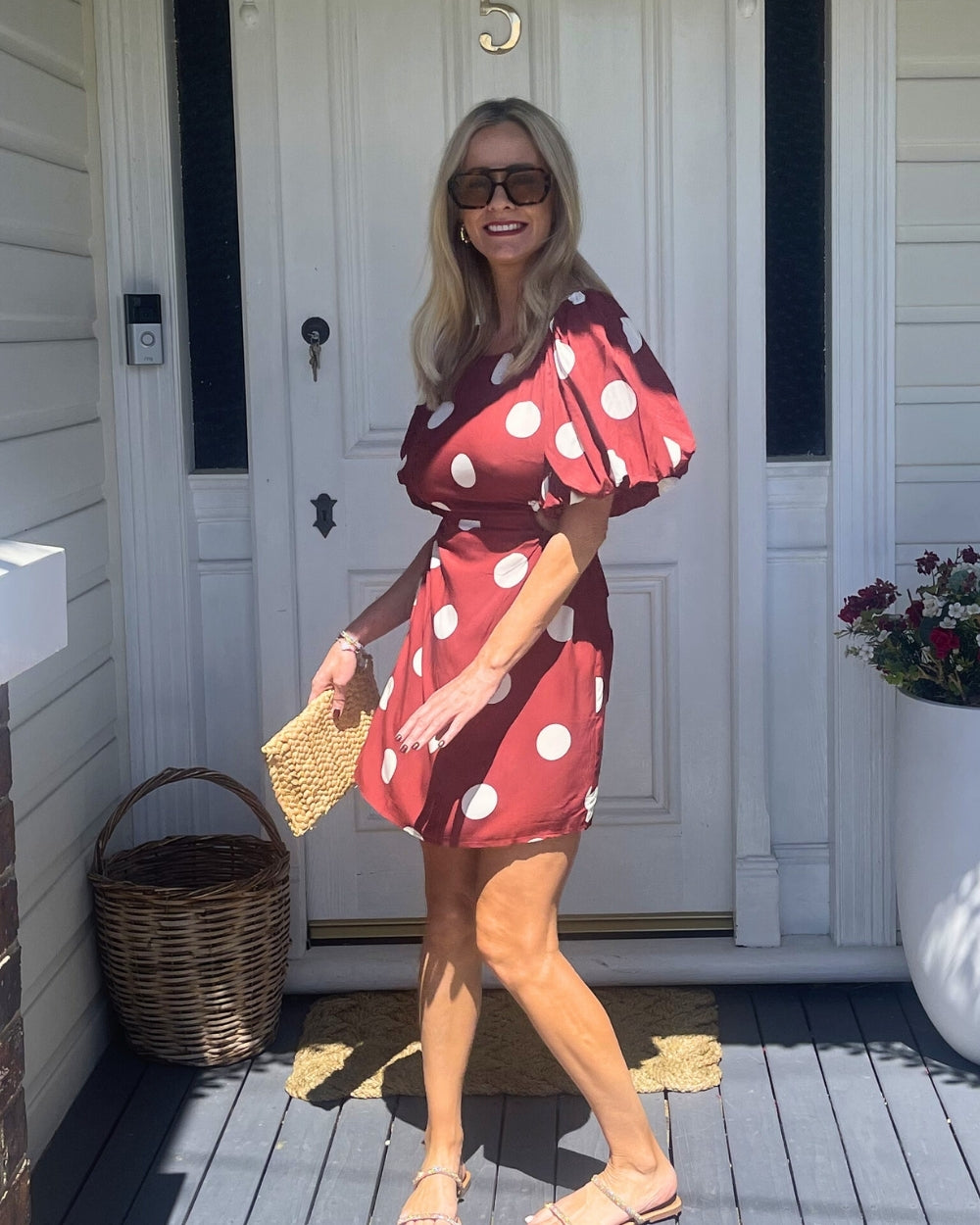 Women's wine polka dot puff sleeve mini dress full length view by Esther & Co