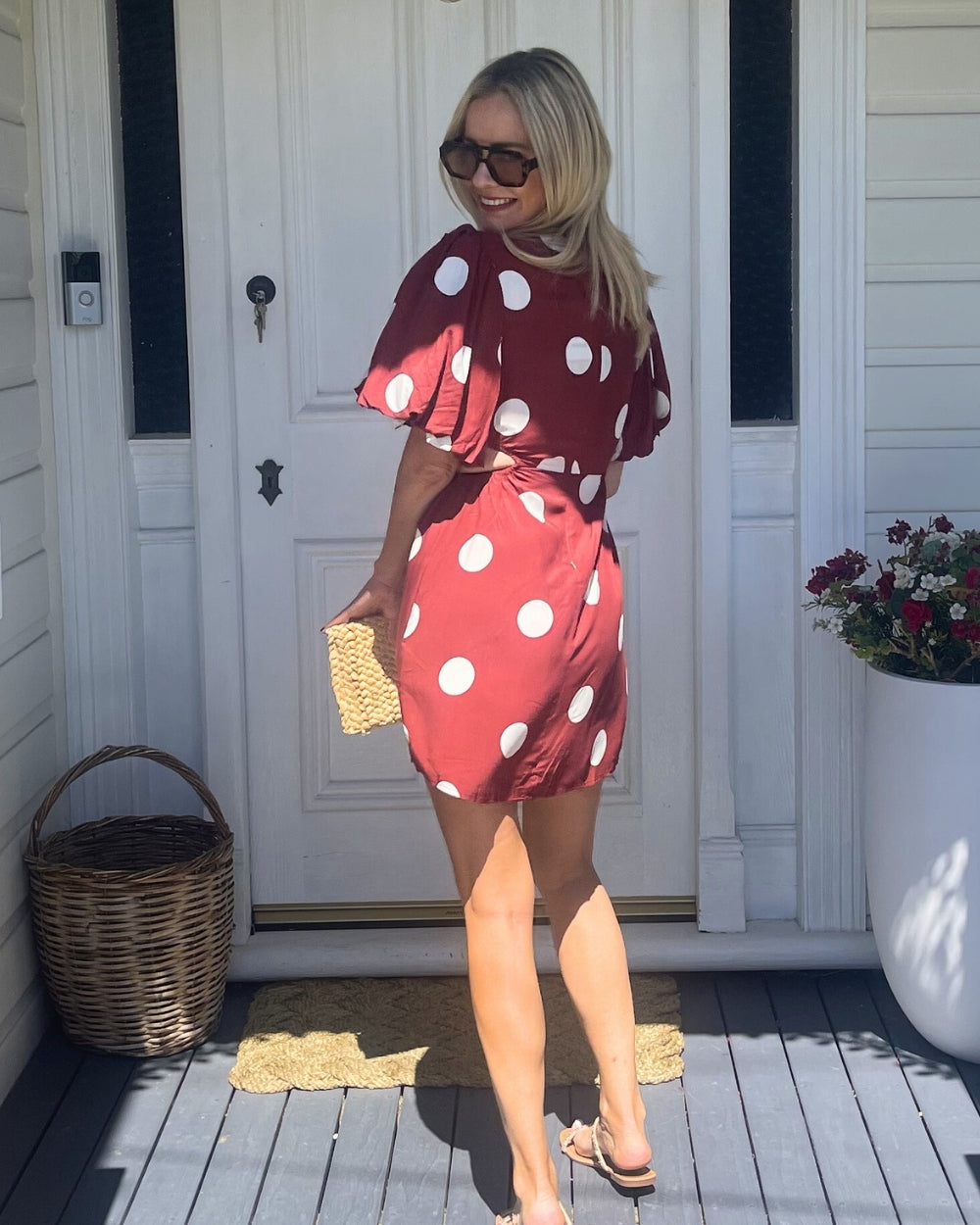 Women's wine spot mini dress back view by Esther & Co