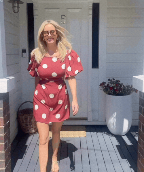 Women's wine spot puff sleeve mini dress front view by Esther & Co