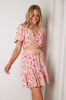 Women's multicoloured watercolour print crop top with low v neckline and puff sleeves, the Shani Top in Watercolour Print by Esther & Co