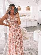Women's white peach floral maxi dress with frilled straps by Esther & Co