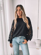 Sharisse Knit in Black womens lace sleeve knit jumper in black front view
