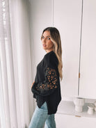 Sharisse Knit in Black womens black lace sleeve knit styled outfit