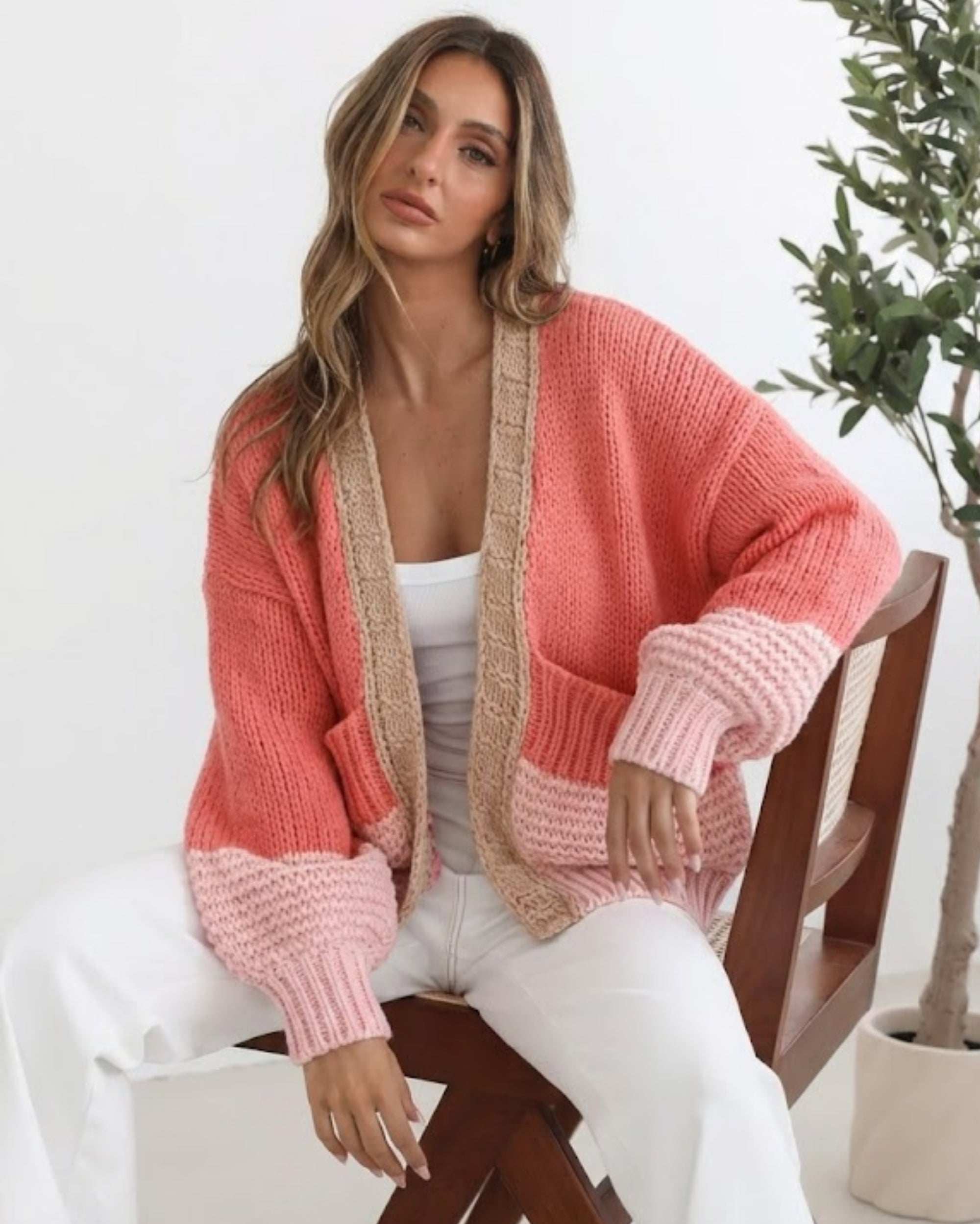 Sheona Cardigan in Peach Multi womens open-front knit cardigan in peach and pink front view