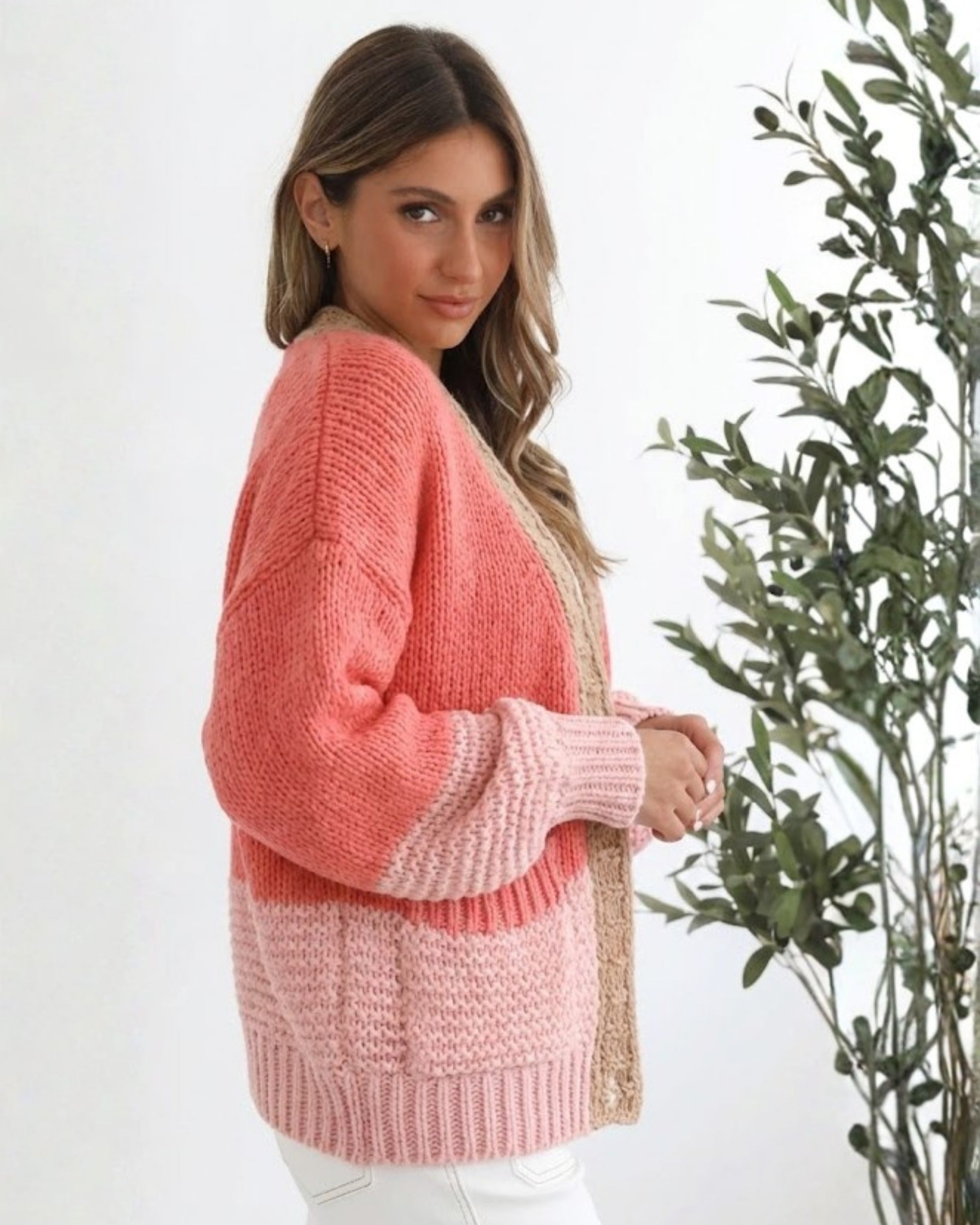 Sheona Cardigan in Peach Multi womens peach knit cardigan styled outfit
