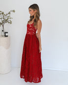 Women's red print flowy maxi dress by Esther & Co