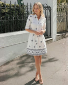 Women's cream floral shirt dress full length view by Esther & Co