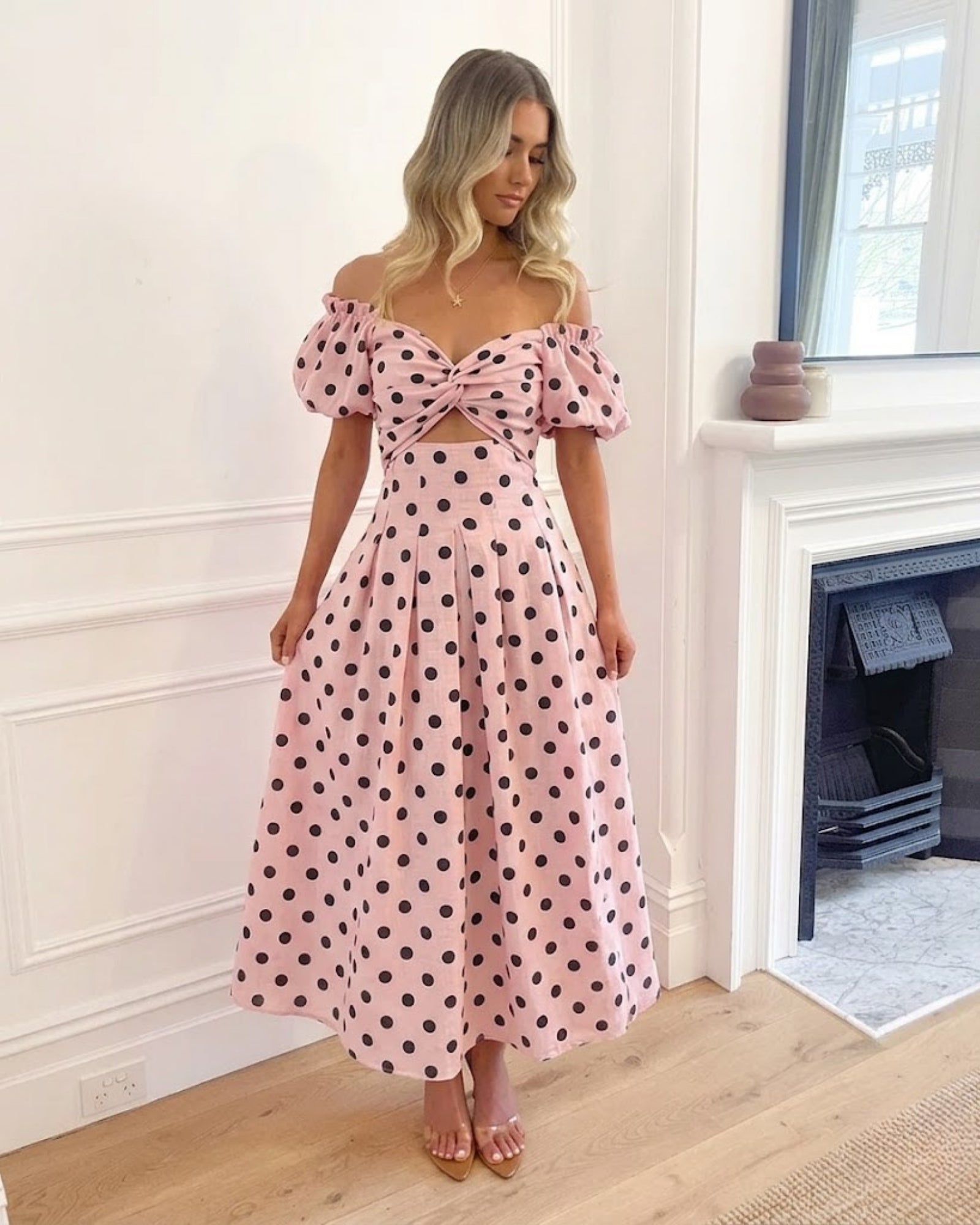 Women's pink spot cotton midi dress side view by Esther & Co