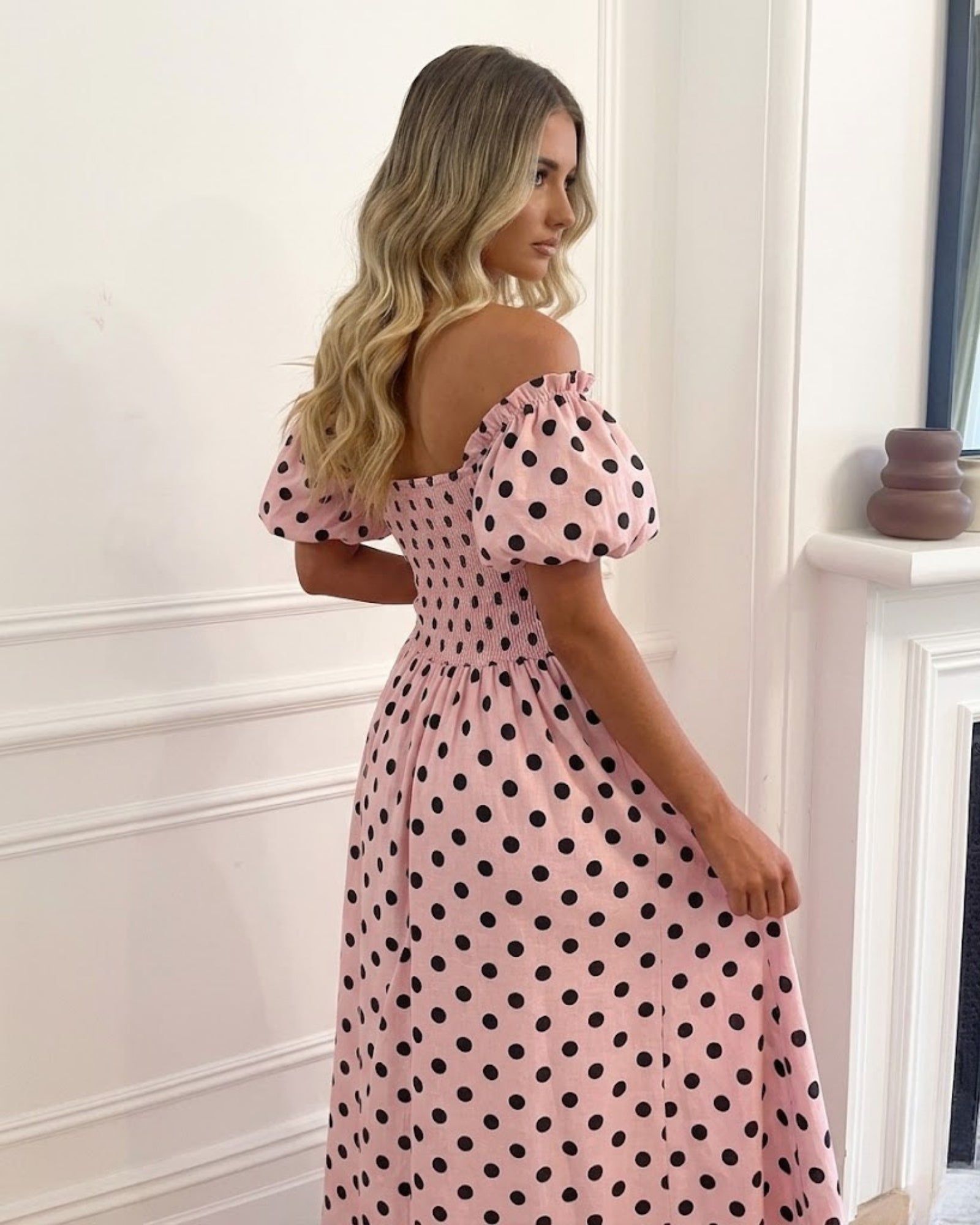 Women's pink spot cotton midi dress styled outfit by Esther & Co