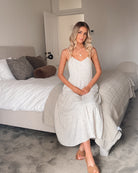 Sona Dress in Oatmeal Spot womens linen midi in oatmeal spot back view
