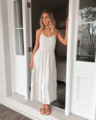 Sona Dress in Oatmeal Spot womens linen midi dress in oatmeal spot front view
