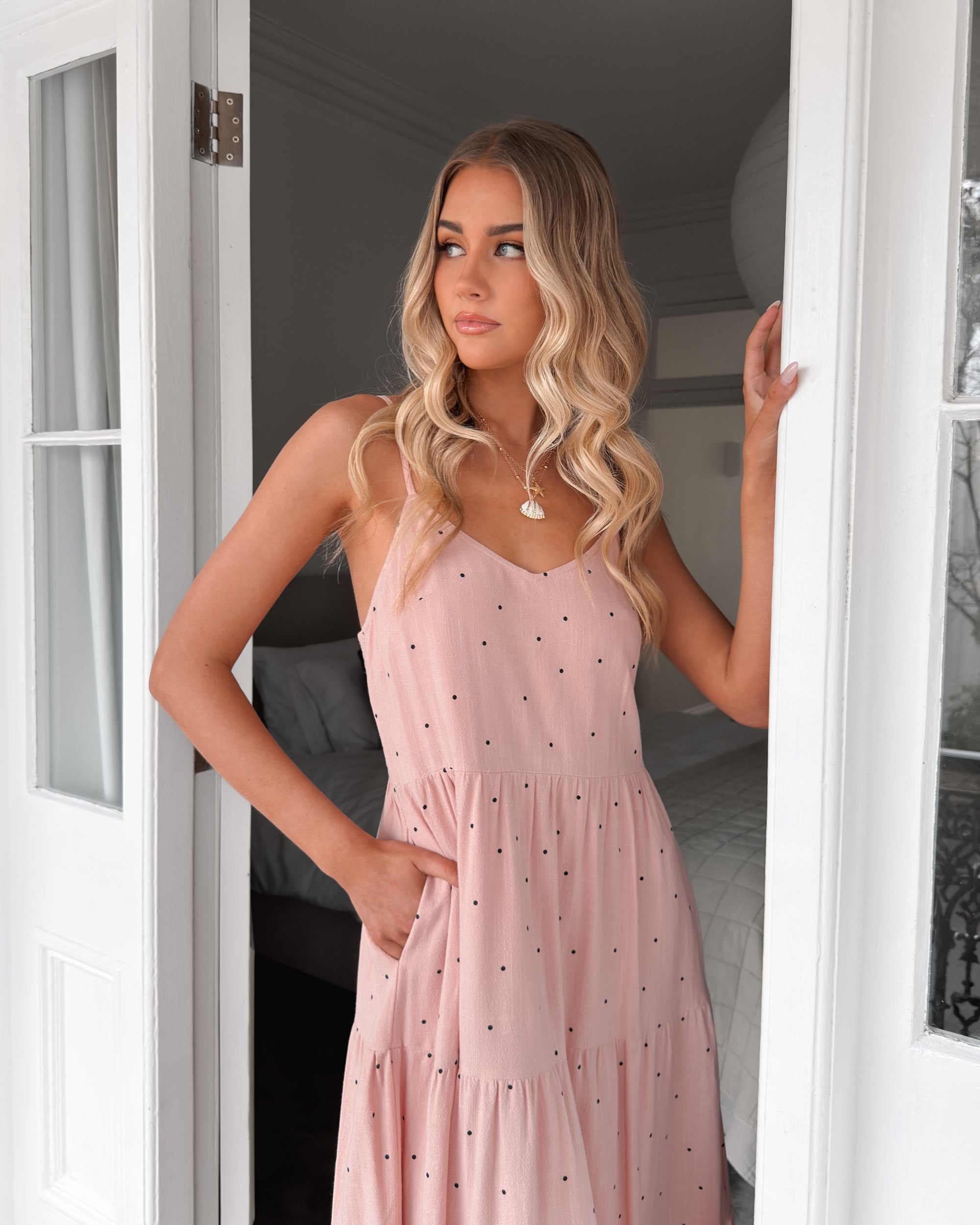 Sona Dress in Pink Spot womens pink spot linen midi styled outfit
