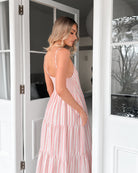 Sona pink stripe linen midi dress with adjustable straps, side view