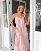 Sona Dress in Pink Stripe womens pink stripe linen midi styled outfit