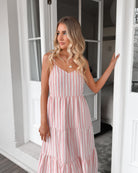 Sona pink stripe linen tiered midi dress with shirred back, full length view