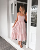 Sona Dress in Pink Stripe womens linen midi dress in pink stripe front view