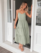 Sona Dress in Sage Spot womens linen spot print midi dress in sage front view