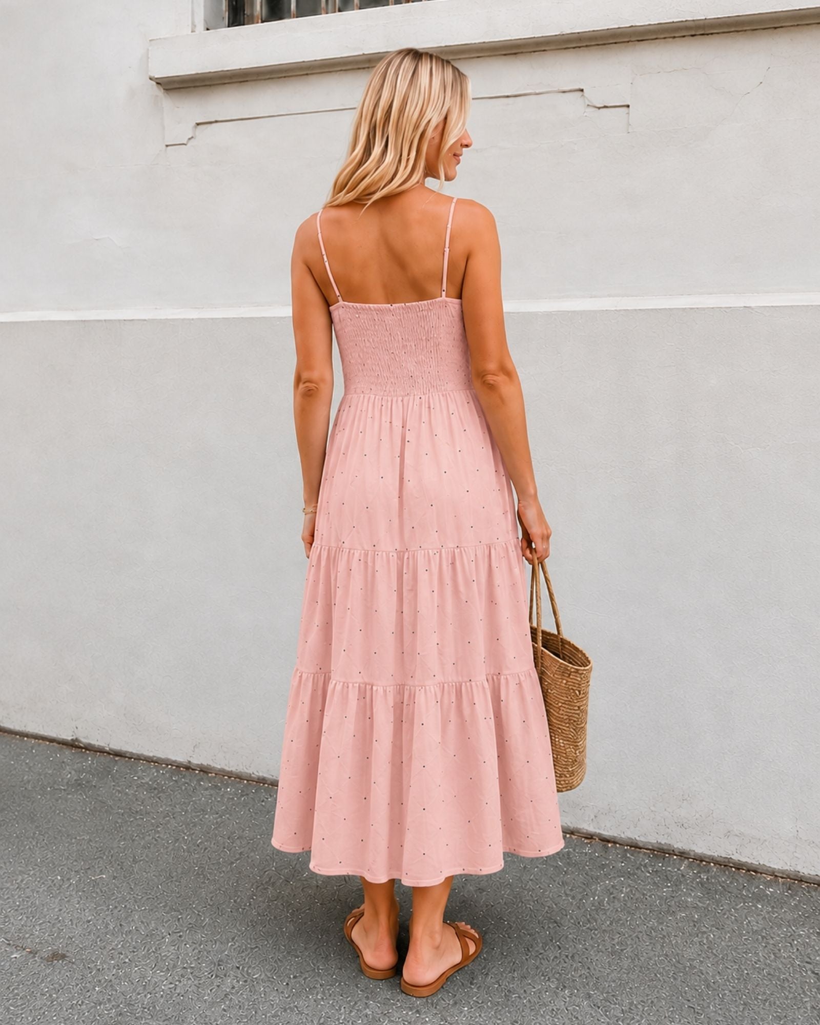 Women's pink spot print dress front view by Esther & Co