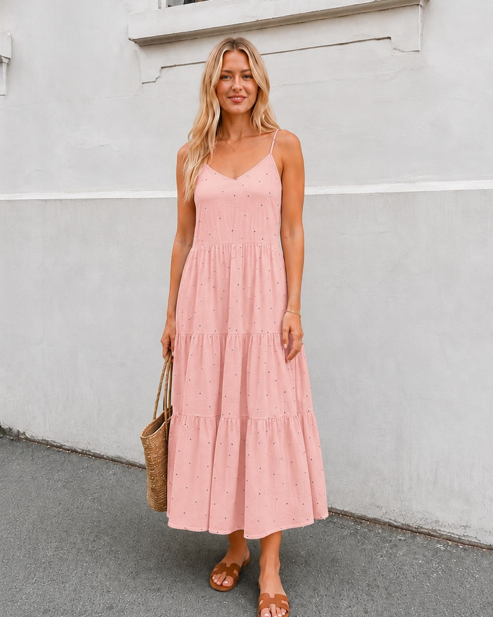 Women's pink spot dress styled outfit by Esther & Co