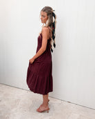 Sonya Dress in Bordeaux womens deep bordeaux linen dress close up detail