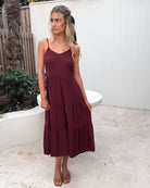 Sonya Dress in Bordeaux womens linen midi dress in bordeaux front view