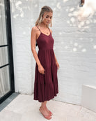 Sonya Dress in Bordeaux bordeaux tiered linen midi dress side view