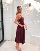 Sonya Dress in Bordeaux bordeaux V-neck linen midi dress full length
