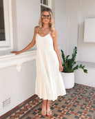 Sonya Dress in White white linen tiered midi with shirred back side view