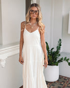 Sonya Dress in White womens white linen midi dress styled outfit