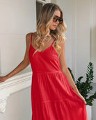 Sonya Dress in Cherry womens tiered linen midi dress in cherry red front view