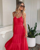 Sonya Dress in Cherry womens cherry red linen midi styled outfit