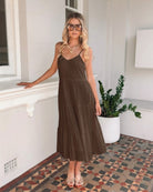 Sonya Dress in Chocolate womens tiered linen midi dress in chocolate brown front view
