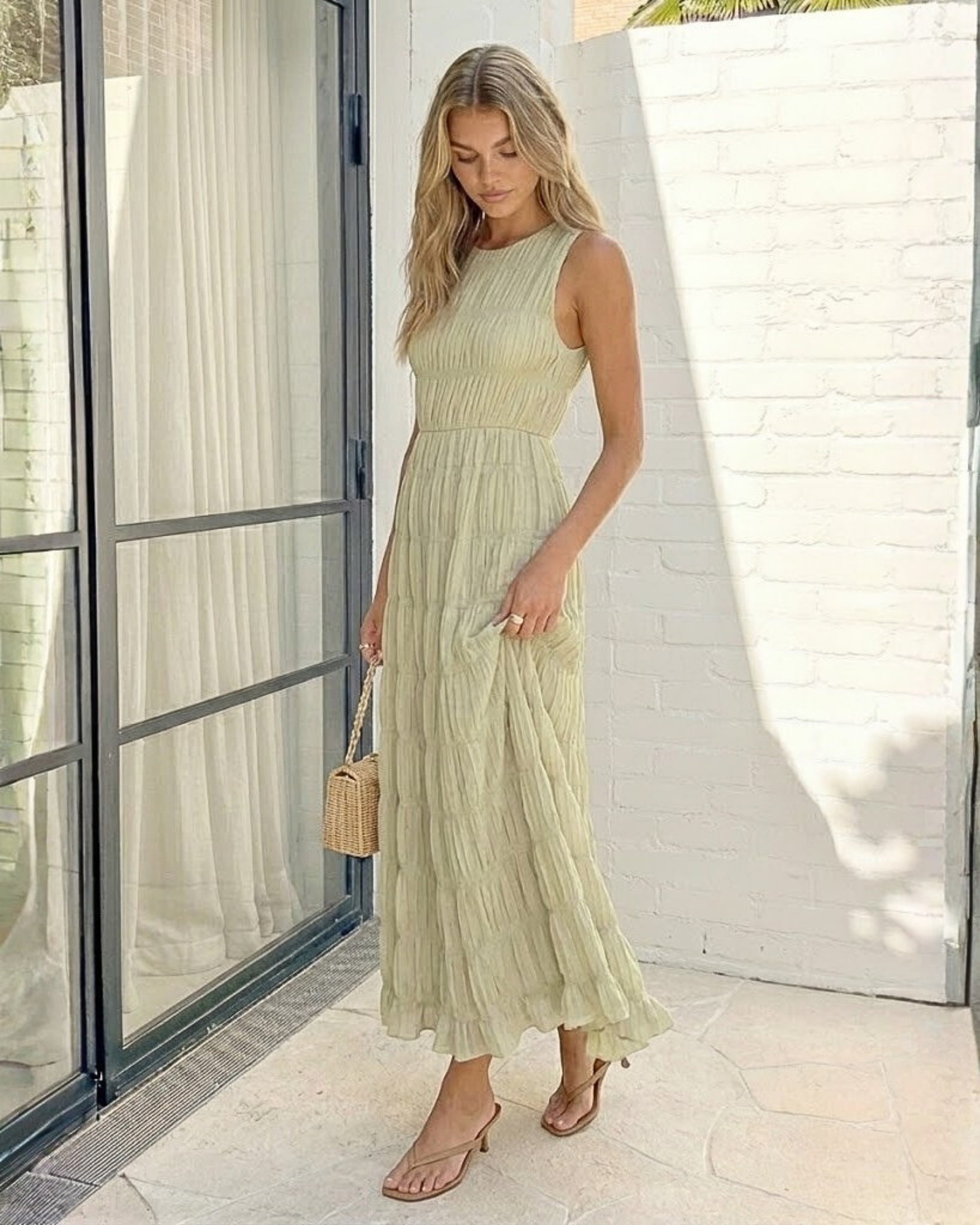 Women's sage high neck maxi dress styled outfit by Esther & Co