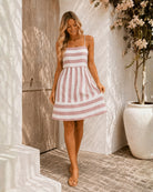 Women's tan stripe mini dress side view by Esther & Co