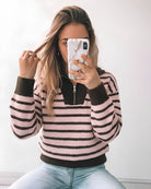 Women's blush pink and chocolate stripe half zip knit jumper with funnel collar, the Tanner Knit in Pink Stripe by Esther & Co