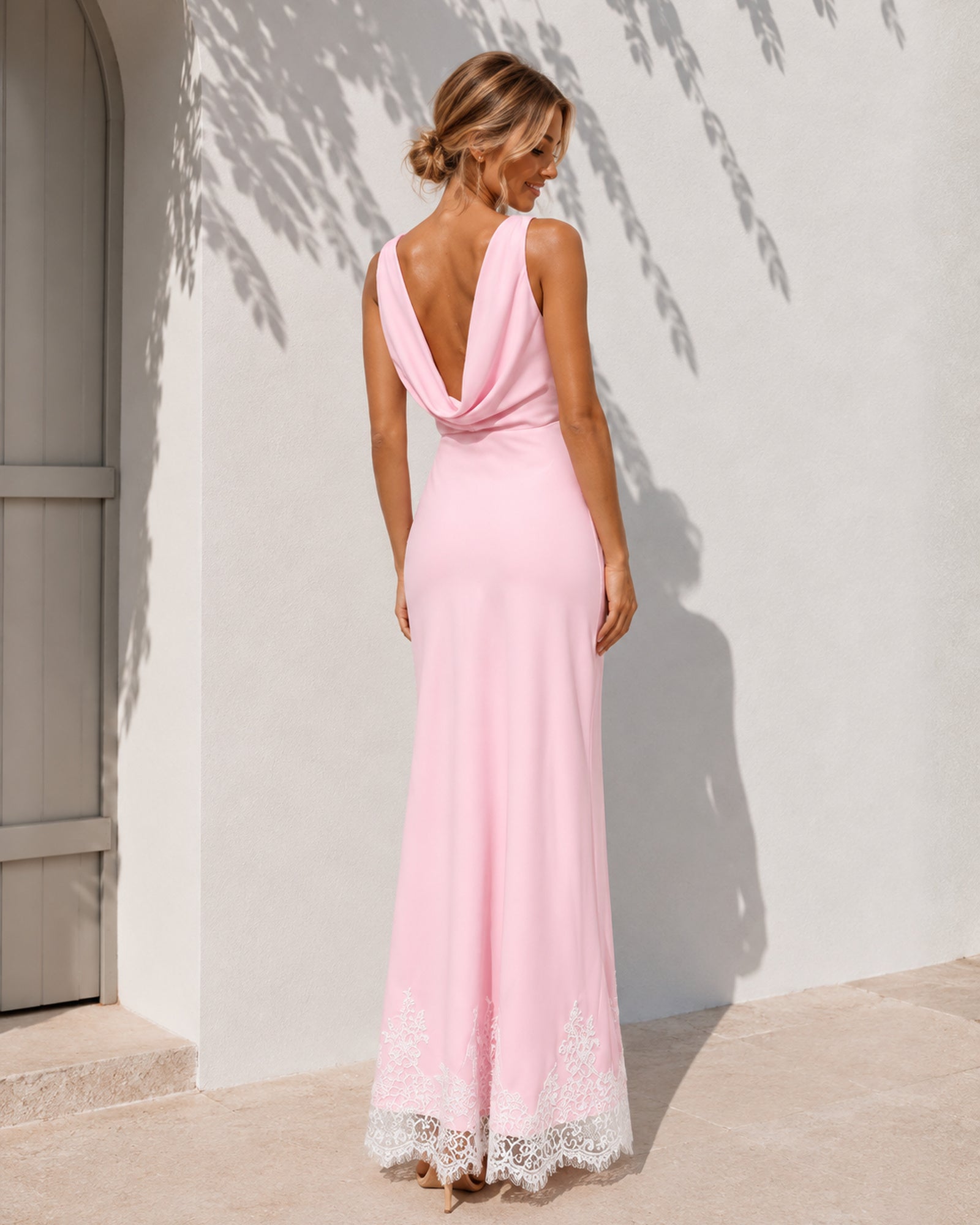 Women's pink maxi dress with draped cowl low back side view by Esther & Co